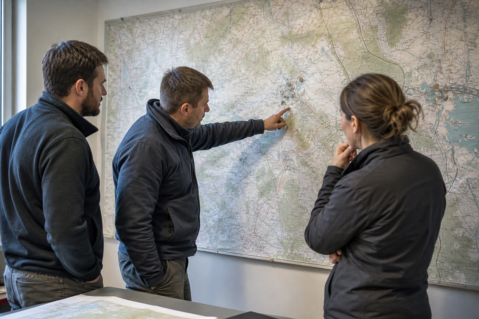 Zespół analizujący trasę na mapie topograficznej — wizualizacja scenariusza